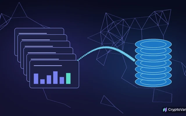 Aave tokenized stocks illustration: stacked generic stock certificate cards with bar charts flowing into a glowing stack of coins on a dark network grid, no people or logos