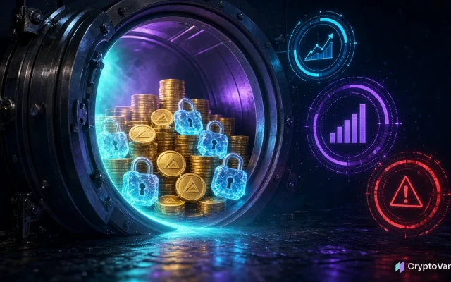 Cinematic 3D bank vault reopening with stacks of generic gold coins, some still locked by frozen ice-blue padlocks, beside glowing lending gauges and a red warning ring