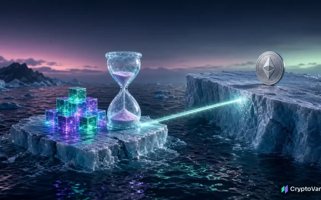 Abstract shutdown illustration: glowing blocks and an hourglass on a melting ice floe, with a light bridge leading to a silver ether coin on a larger ice shelf