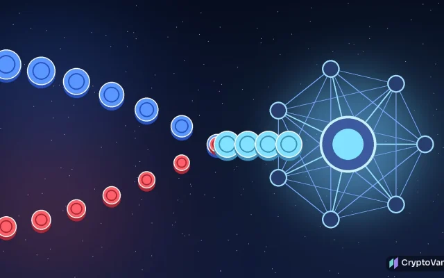 Aero upgrade illustration: two streams of glowing blue and red coins merging into one larger stream above a network of seven connected nodes, no people or logos