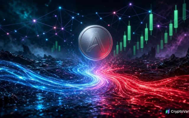 Aerodrome Velodrome merger illustration: blue and red liquidity streams merging under a silver coin as green candlestick bars rise