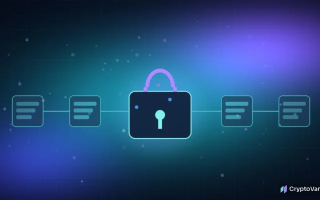 Abstract teal and violet blockchain blocks with a glowing locked capsule moving through a dark grid, suggesting encrypted pending transactions, no logos or people