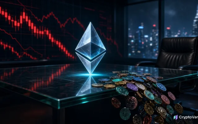Arthur Hayes ETH sale illustration: a glowing ether symbol on a glass trading desk as altcoin tokens slide off and red charts fall behind an empty chair