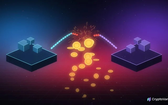 Autheo THEO exploit concept: a glowing cross-chain bridge cracking between two block platforms as generic tokens spill into a red-lit void, no logos or people