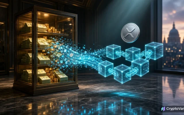 Aviva XRP Ledger illustration: banknotes and coins in a vault turning into glowing digital tokens that flow onto a holographic blockchain