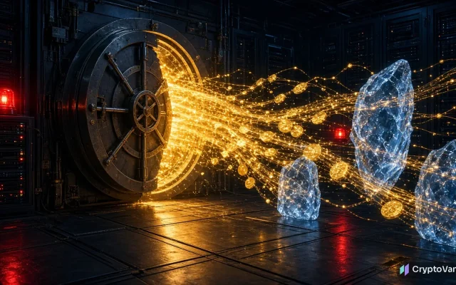 Binance hack illustration: an open digital vault leaking glowing coins, with ice barriers freezing part of the flow