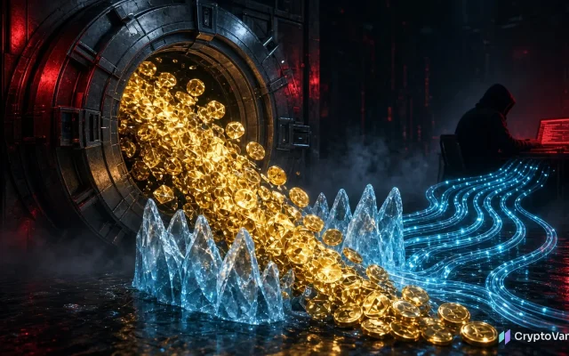 Binance hack illustration: coins pour from an open exchange vault toward a hooded hacker while ice walls freeze part of the flow