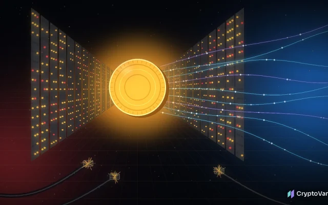 Binance Pool shutdown concept: a Bitcoin mining hall of generic racks powering down around a glowing gold coin as blue hashrate streams flow out to other pools, no logos or people