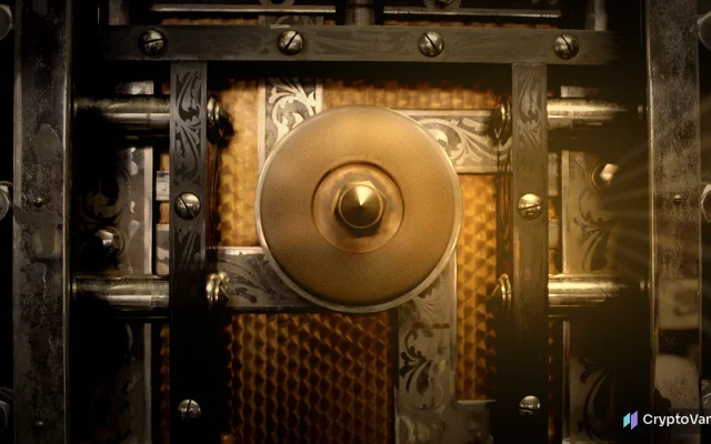 Binance withdrawals concept: cinematic close-up of a heavy steel bank vault door with a brass dial, warm light spilling in from the right as if the vault is about to reopen