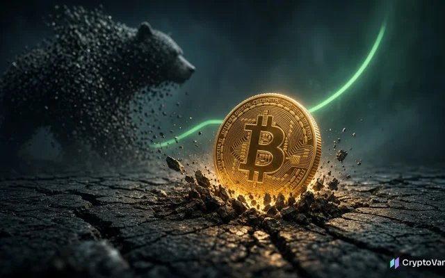Bitcoin bear market illustration: a glowing gold bitcoin coin breaks through cracked ground as a dark bear figure crumbles into dust behind it