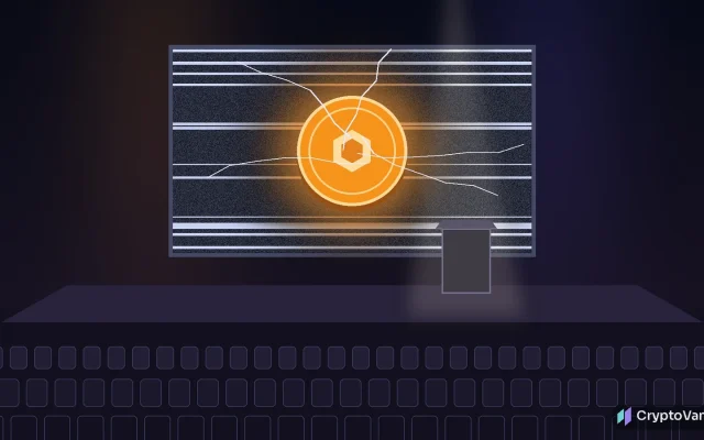 Bitcoin Conference YouTube ban illustration: an empty conference stage with a dark video screen full of static and a glowing orange coin, with no people or logos