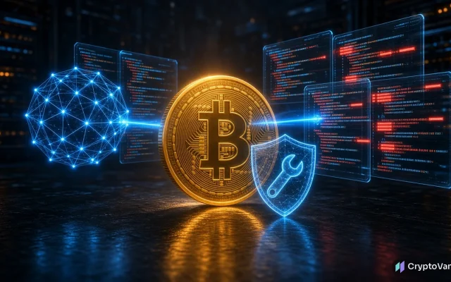 Bitcoin Core security policy illustration: a golden Bitcoin coin with a repair shield while an AI orb scans code panels with red bug lines, no people or logos