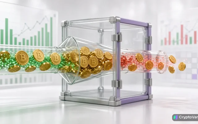 Bitcoin ETF flows explained illustration: gold coins stream into a glass fund vault on green particles and leave on red particles, with blurred bar charts behind