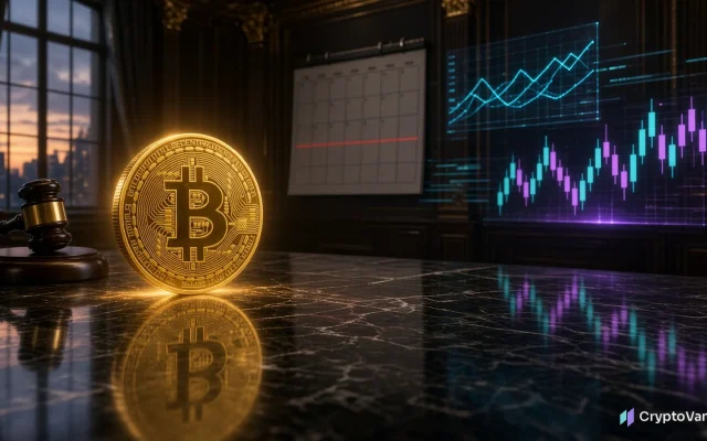 Bitcoin Fed decision week: a gold bitcoin coin beside a gavel in a central bank boardroom with rate charts