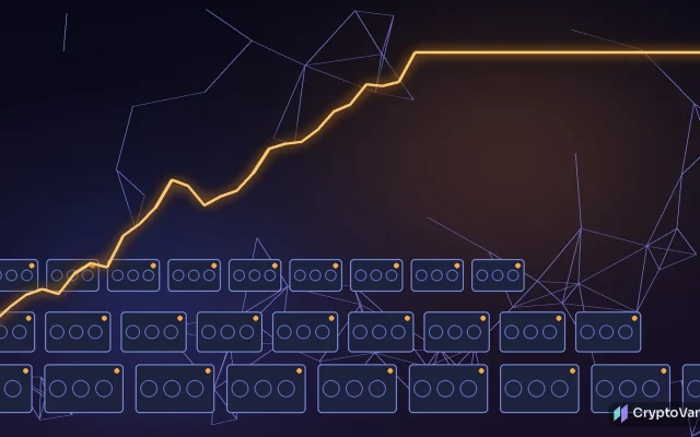 Bitcoin hashrate illustration: rows of glowing generic mining machines feeding a rising orange power line on a dark network grid, no people or logos