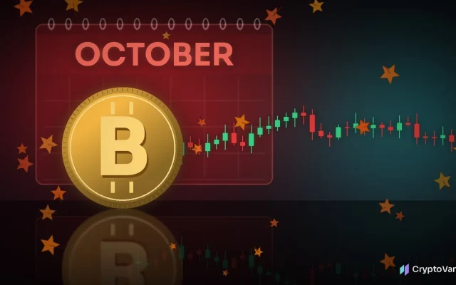 Bitcoin October returns illustration: a golden coin with a B symbol in front of a glowing red OCTOBER calendar, candlestick bars and falling autumn leaves