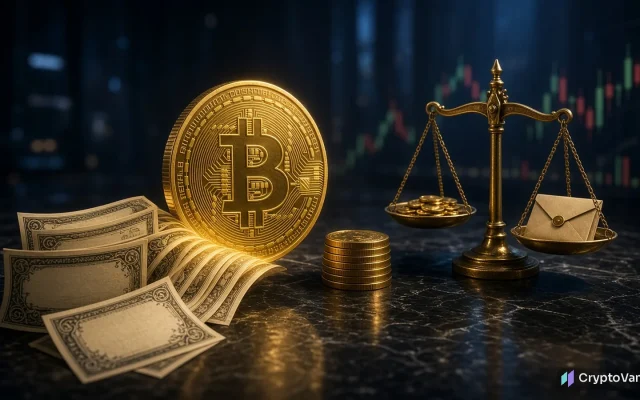 Bitcoin preferred stock illustration: blank stock certificates flow into a gold coin with a generic bitcoin symbol next to a scale weighing coins against a dividend envelope
