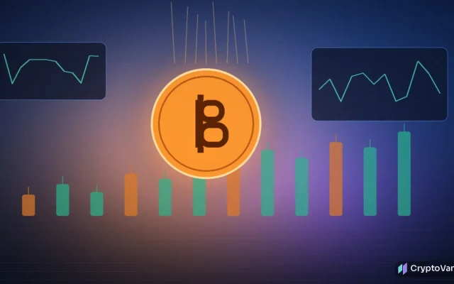 Cinematic 3D scene of a glowing orange Bitcoin coin rising from a dark trading floor amid blue market charts and soft volumetric light, no logos or people
