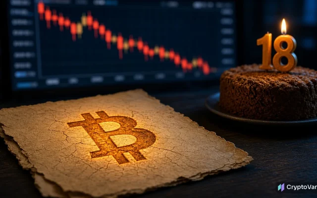 Bitcoin whitepaper illustration: an aged paper sheet embossed with a glowing Bitcoin symbol beside a cake with an 18 candle and a red price chart