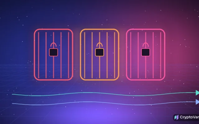 Three glowing locked gates above a grid floor with two exit arrows flowing to the right, abstract art with no people, flags or brand logos
