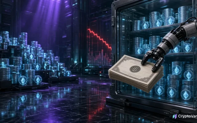 Bitmine buyback illustration: a robotic arm puts stock certificates into a glass vault full of glowing ether coins while a red market chart falls