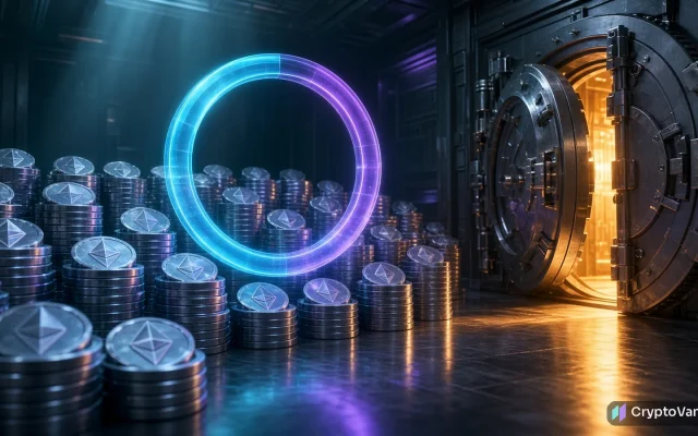 BitMine ETH treasury concept: stacks of generic ether-style coins in a vault, a nearly full glowing progress ring and a vault door closing, no logos or people