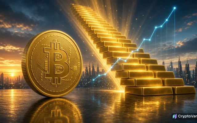 Bitwise bitcoin price target illustration: a gold coin with a generic B symbol beside a glowing staircase of gold bars and a rising cyan chart over a city skyline