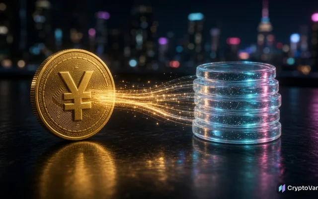 BlackRock yen stablecoin illustration: a gold yen coin streaming light into a stack of glass tokens that represent tokenized fund shares, Tokyo skyline at night