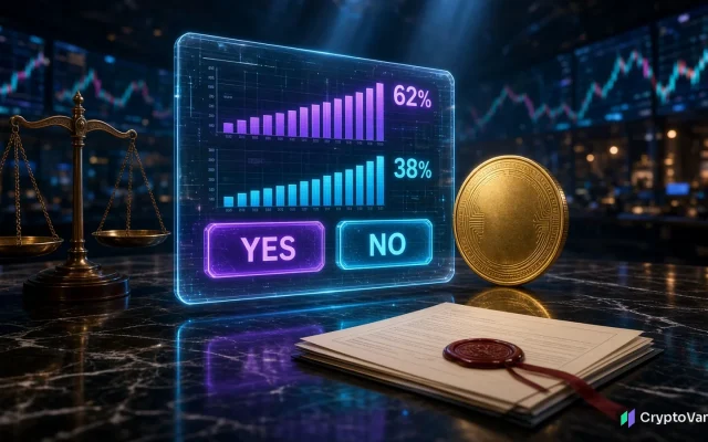 Blockchain.com CFTC prediction markets illustration: a glowing YES and NO event-contract screen beside a gold coin, scales of justice and a sealed license file