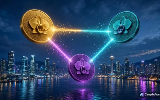 BLOOM stablecoin illustration: three glowing gold, teal and violet coins linked by light bridges in a triangle over a night-time Southeast Asian harbor city