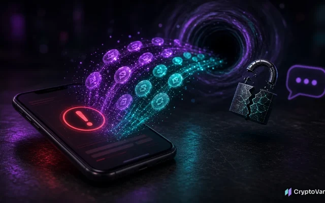BloomTrading wallet drain illustration: glowing crypto coins pulled from a smartphone warning screen into a dark vortex beside a broken padlock