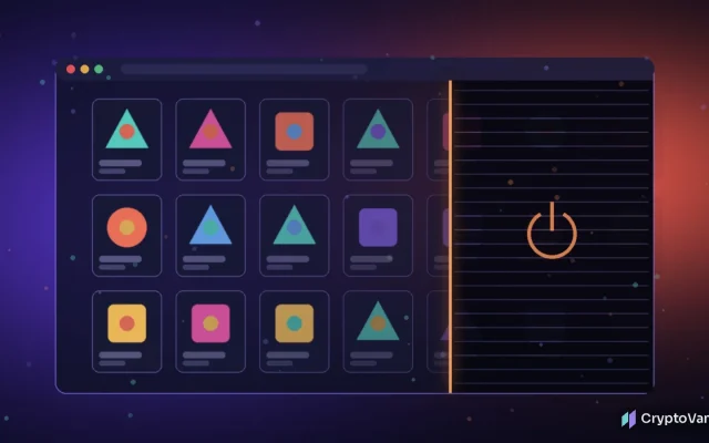 Abstract illustration of the Blur frontend shutdown: a dark browser window of colorful generic NFT tiles fading out as a glowing shutter with a power icon closes, no logos or people