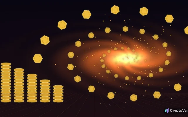 BNB burn illustration: plain golden hexagonal tokens spiral into a glowing orange furnace vortex while token stacks on the left get shorter