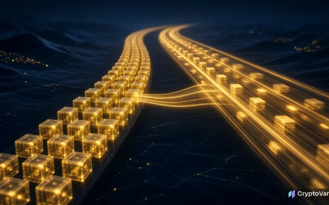 BNB Chain New L1 illustration: two glowing golden blockchain lanes running side by side, one steady and one ultra-fast, joined by a bridge of light