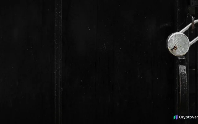 A steel padlock hanging on a dark wooden door