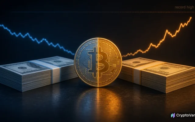 Calacanis Bitcoin bet illustration: a gold coin lit half blue and half amber between two stacks of banknotes, with a falling and rising price line