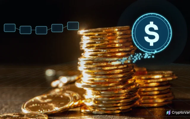 Canada stablecoin rules illustration: a stack of gold coins under warm light streams data blocks into a glowing digital dollar coin