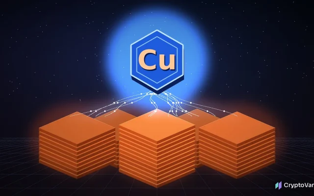 Cardano copper reserve illustration: stacks of copper cathode plates linked by glowing data streams to a blue hexagonal Cu token in a dark vault, no people or logos