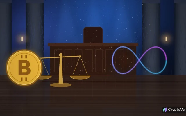 CFTC CME perpetual futures illustration: a gold coin and brass scales of justice in a night courtroom beside a glowing infinity-loop hologram, with an empty judge's bench behind