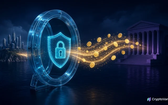 CFTC offshore exchange registration illustration: a glass vault ring with a glowing shield and padlock as golden tokens flow from an offshore island skyline to a columned government building