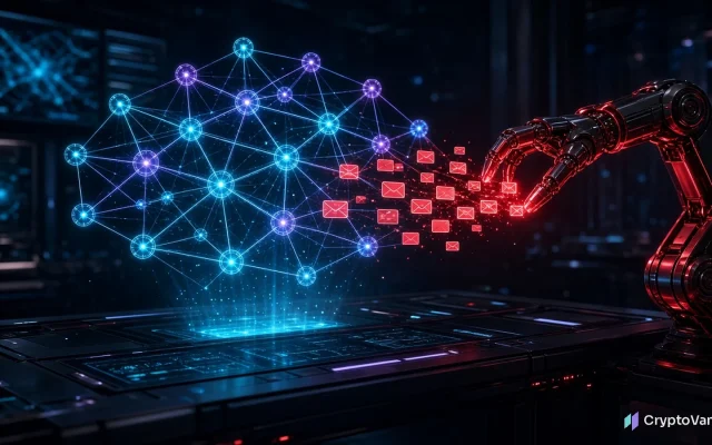 Chainalysis breach concept: a red robotic AI arm reaches into a glowing blue blockchain network hologram above a dark analyst desk and pulls out a stream of red email icons