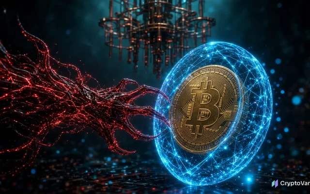 Chamath Bitcoin hack claim illustration: a gold Bitcoin coin inside a glowing elliptic-curve shield as red AI circuitry reaches toward it