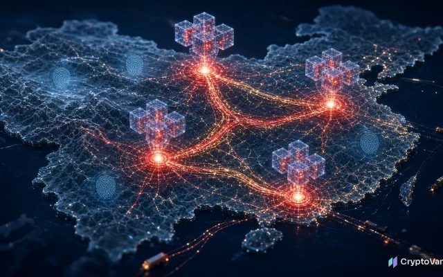 China blockchain network 2030 illustration: a glowing map of China with red data lines linking four regional blockchain hubs