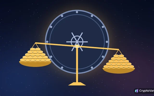 Bitcoin confiscation illustration: a glowing balance scale weighing two piles of gold coins in front of a locked vault door on a dark blue background, no people or logos