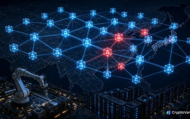 China national blockchain network illustration: glowing blue blockchain blocks linked by light beams across a night map of East Asia, with a robotic arm and server racks in the foreground