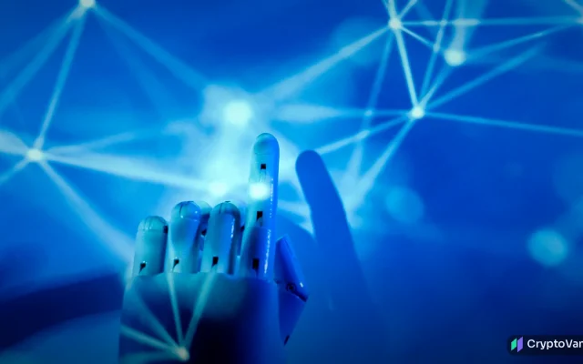 Robotic hand reaching toward a glowing blue network of connected points