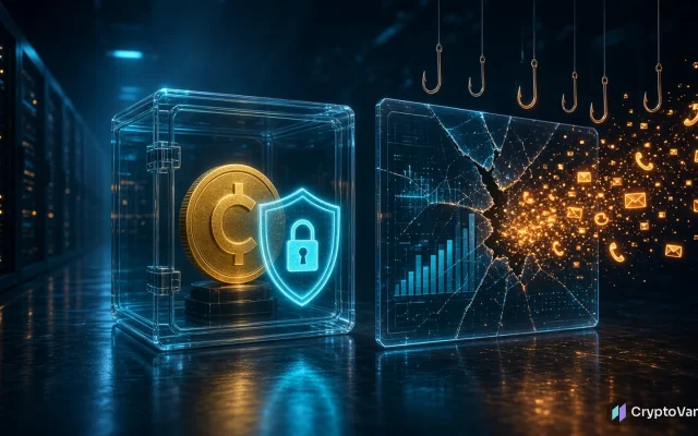 Coinbase Amplitude breach illustration: a gold coin locked in a glass vault beside a cracked analytics screen leaking email and phone icons toward fishing hooks