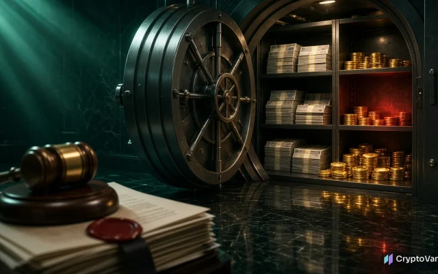 Coinbase Ireland fine illustration: a judge's gavel and sealed documents in front of an open bank vault with euro notes and generic gold coins, one shelf glowing red