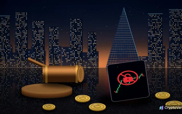 Coinbase Kazakhstan ruling illustration: a bronze judge's gavel on a marble bench beside a phone showing a red blocked padlock, gold coins and a dusk skyline of glass towers