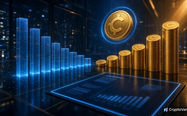 Coinbase Q3 earnings illustration: fading blue trading bars beside rising stacks of gold coins over a glowing quarterly report